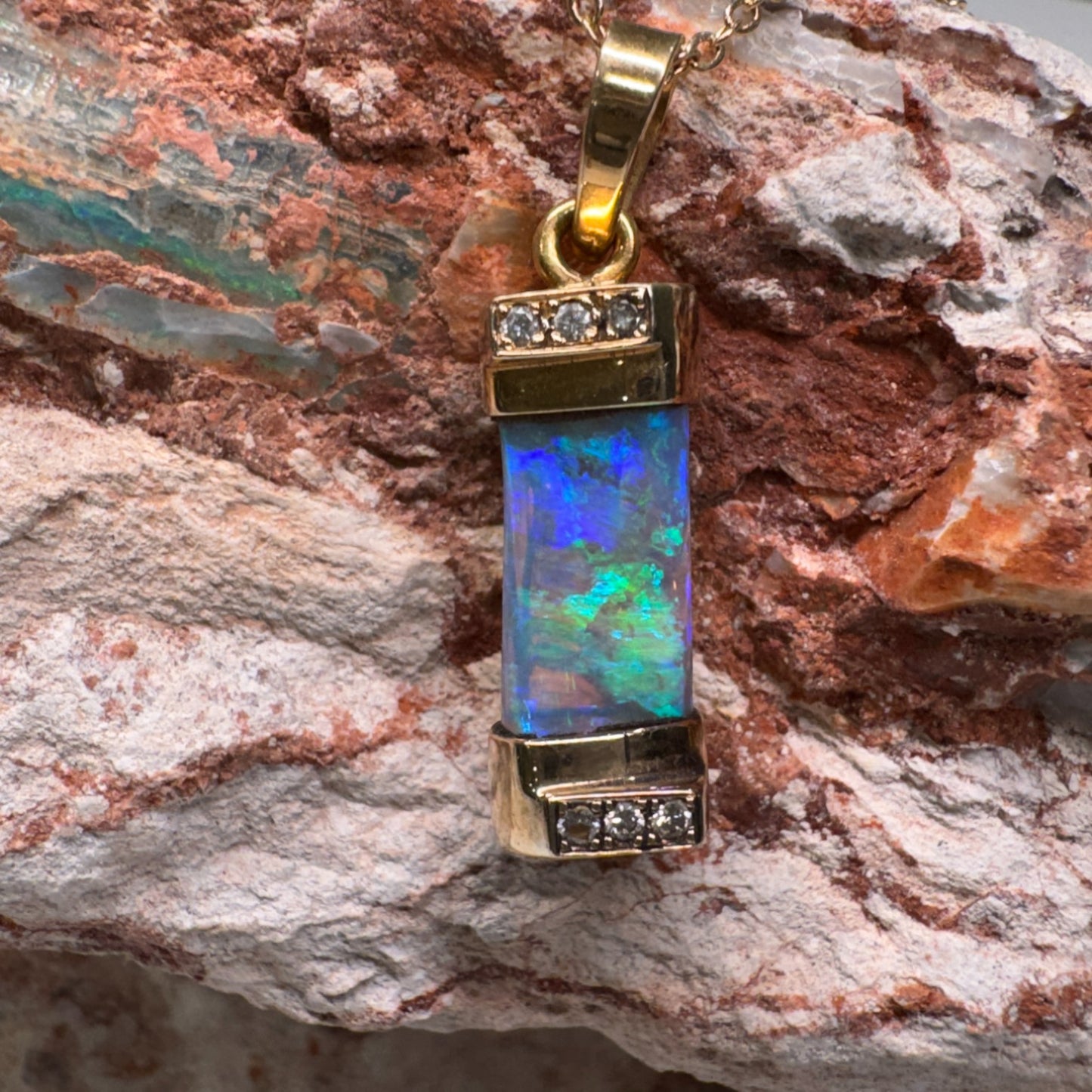 14k Gold Belemnite Blue Green Opal and Diamond Pendant