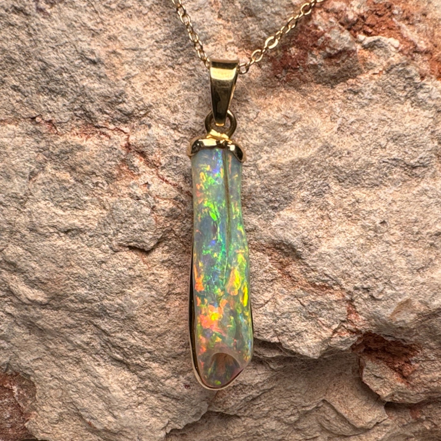 14k Gold Coober Pedy Belemnite Crystal Opal Pendant