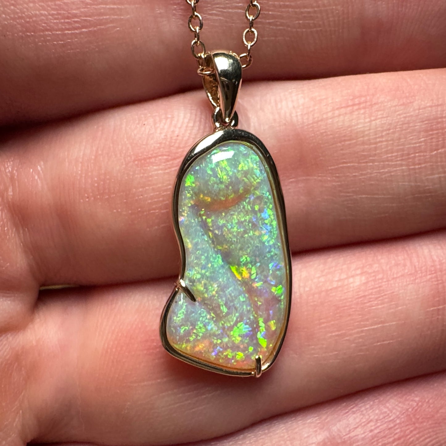 14k Gold Double Sided Hand Carved Rainbow Mintabie Crystal Opal Pendant
