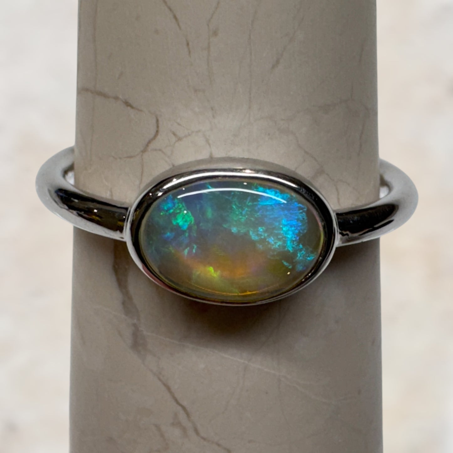 Silver Mintabie Blue/Green Crystal Opal Ring