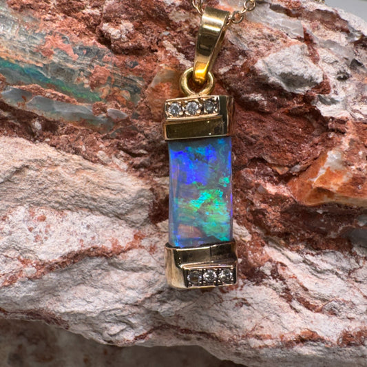 14k Gold Belemnite Blue Green Opal and Diamond Pendant