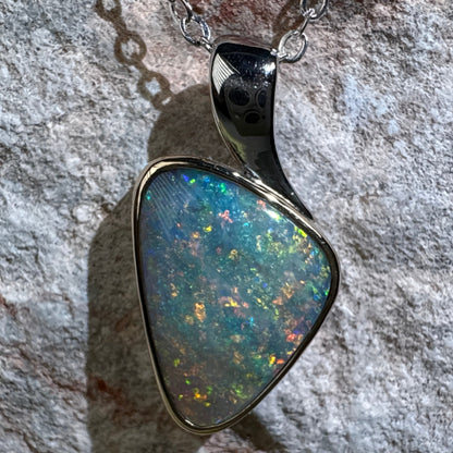 14k Gold Dark Crystal Opal Pendant - White Gold Bail