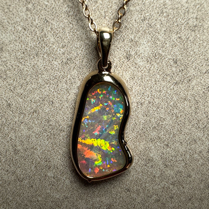 14k Gold Double Sided Hand Carved Rainbow Mintabie Crystal Opal Pendant