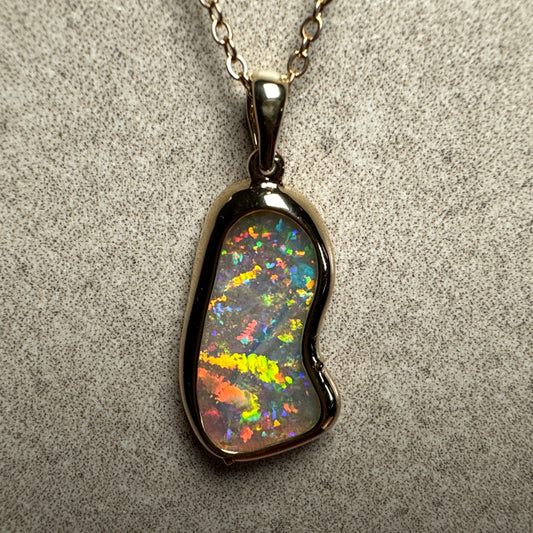 14k Gold Double Sided Hand Carved Rainbow Mintabie Crystal Opal Pendant
