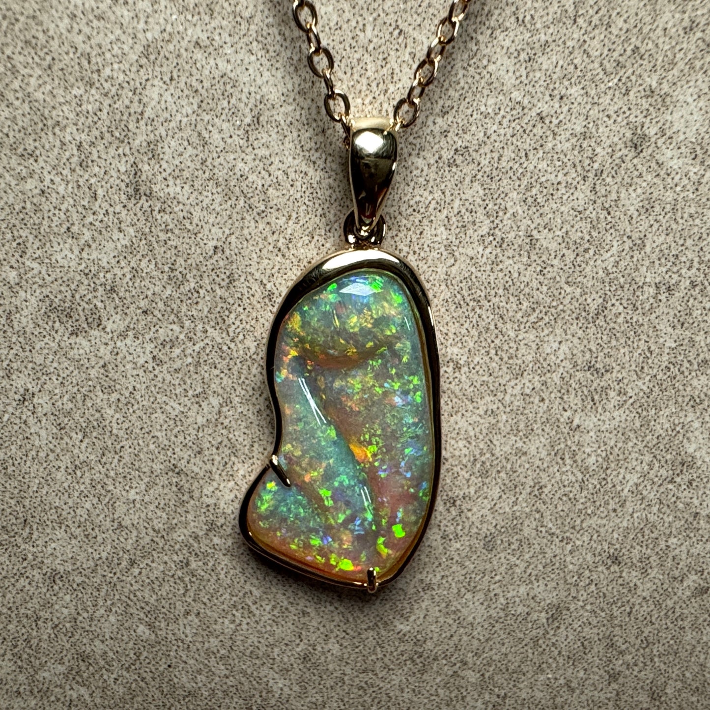 14k Gold Double Sided Hand Carved Rainbow Mintabie Crystal Opal Pendant