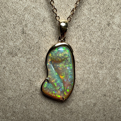 14k Gold Double Sided Hand Carved Rainbow Mintabie Crystal Opal Pendant