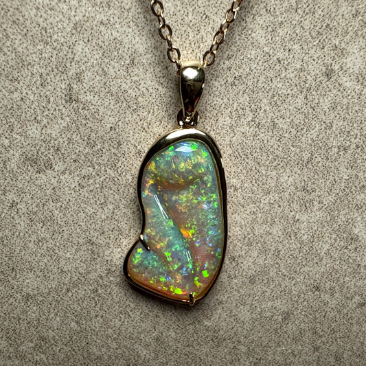 14k Gold Double Sided Hand Carved Rainbow Mintabie Crystal Opal Pendant