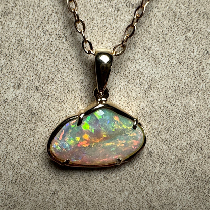 14k Gold Hand Carved Rainbow Mintabie Crystal Opal Pendant
