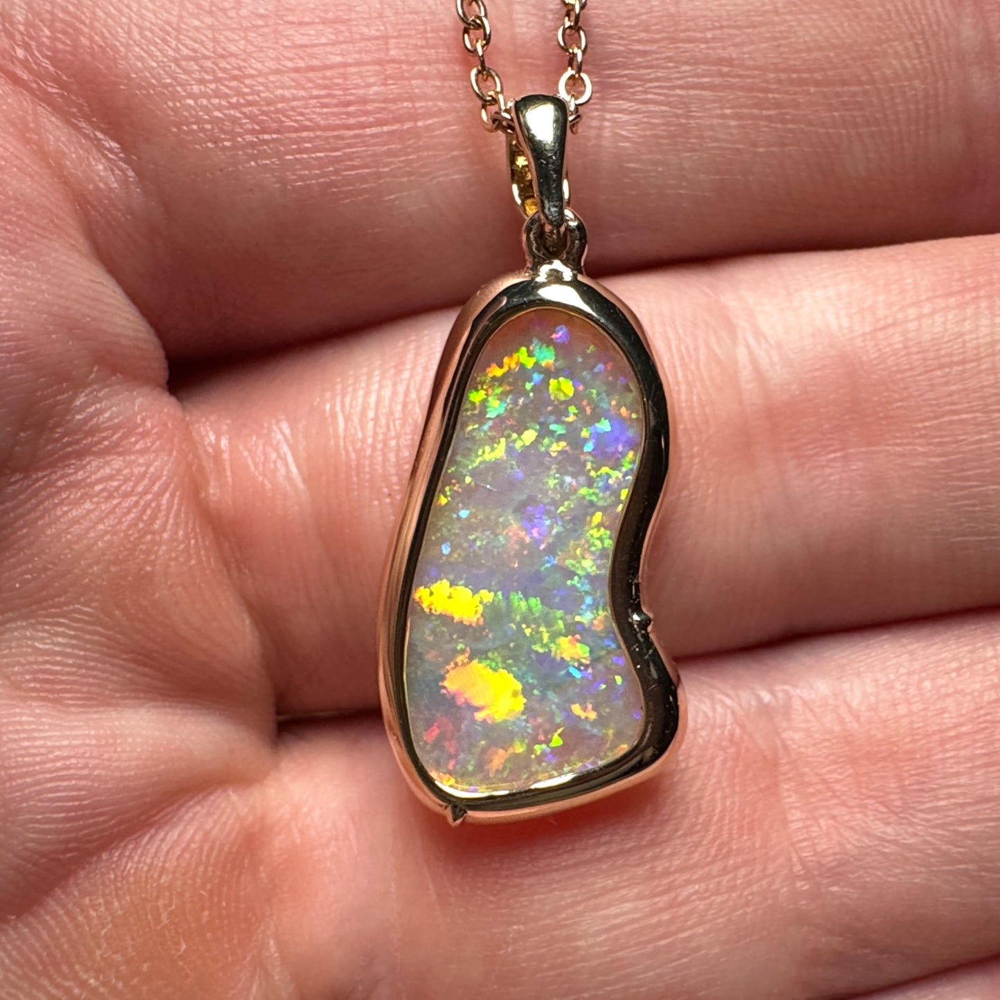 14k Gold Double Sided Hand Carved Rainbow Mintabie Crystal Opal Pendant