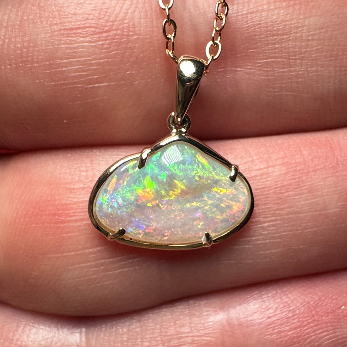 14k Gold Hand Carved Rainbow Mintabie Crystal Opal Pendant