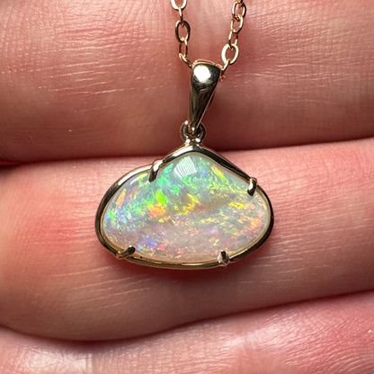 14k Gold Hand Carved Rainbow Mintabie Crystal Opal Pendant