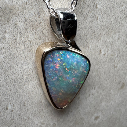 14k Gold Dark Crystal Opal Pendant - White Gold Bail