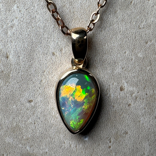 14k Gold Dark Crystal Teardrop Opal Pendant