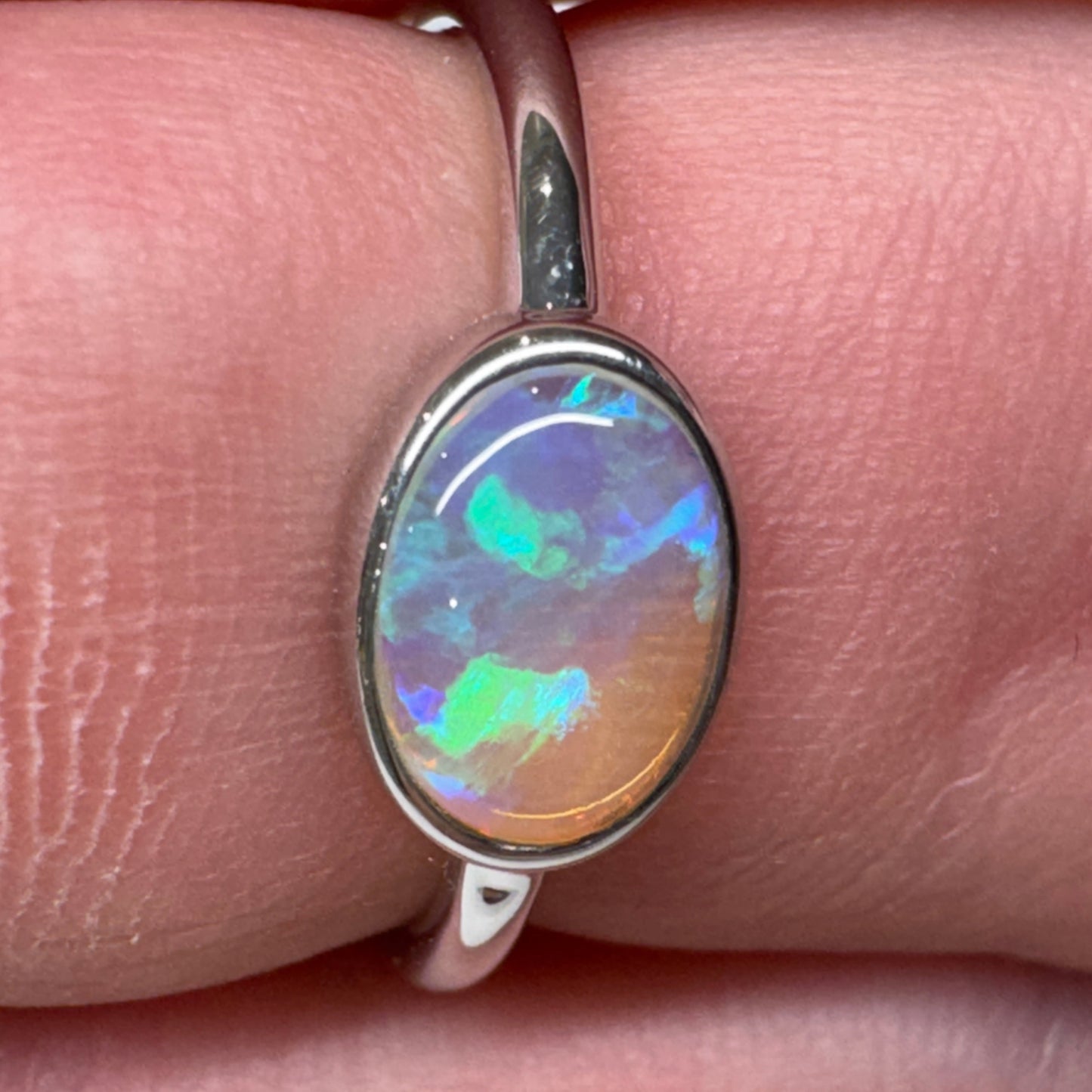 Silver Mintabie Blue/Green Crystal Opal Ring