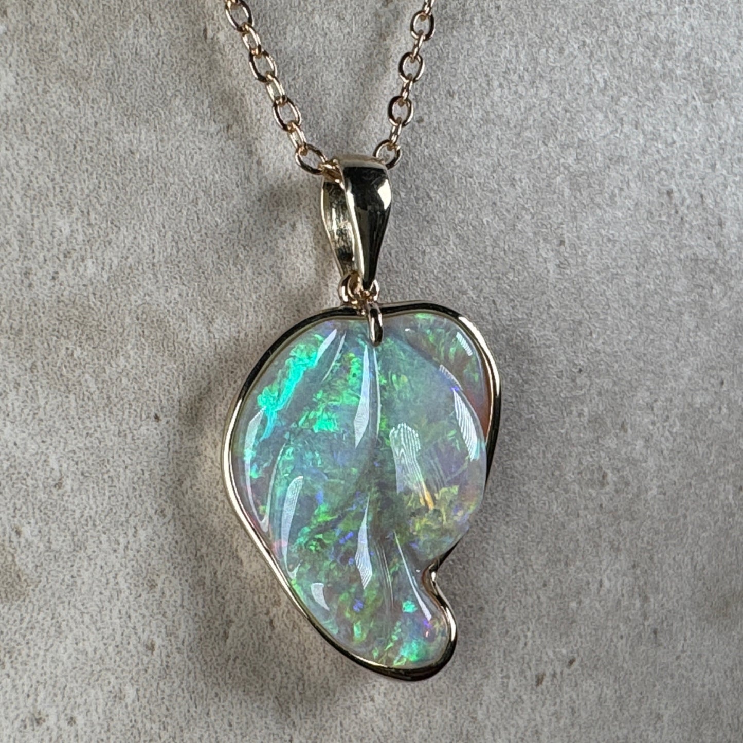 14k Gold Leaf Shaped Carved Opal Pendant