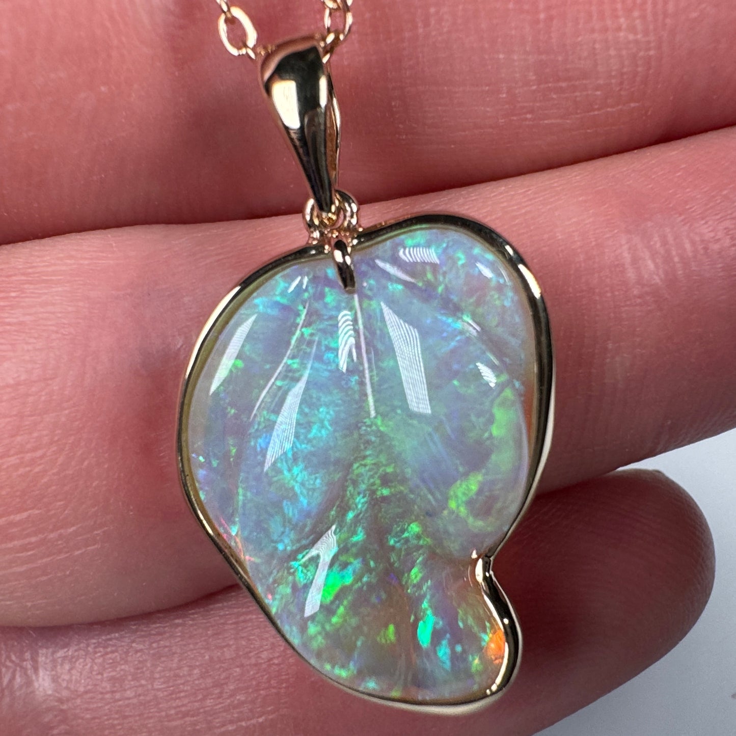 14k Gold Leaf Shaped Carved Opal Pendant