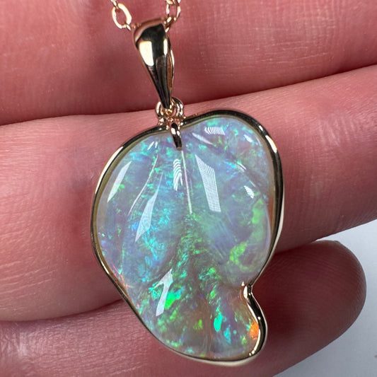 14k Gold Leaf Shaped Carved Opal Pendant