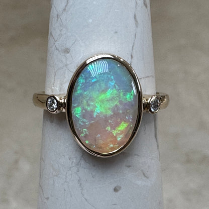9K Gold Coober Pedy Crystal Opal Bezel Ring with Diamonds