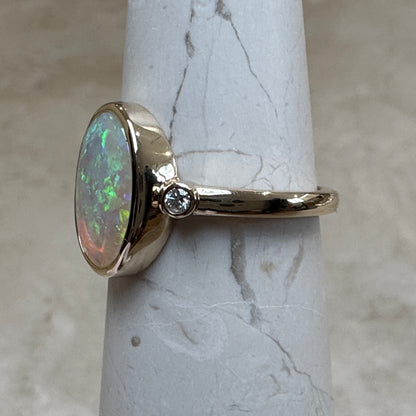 9K Gold Coober Pedy Crystal Opal Bezel Ring with Diamonds