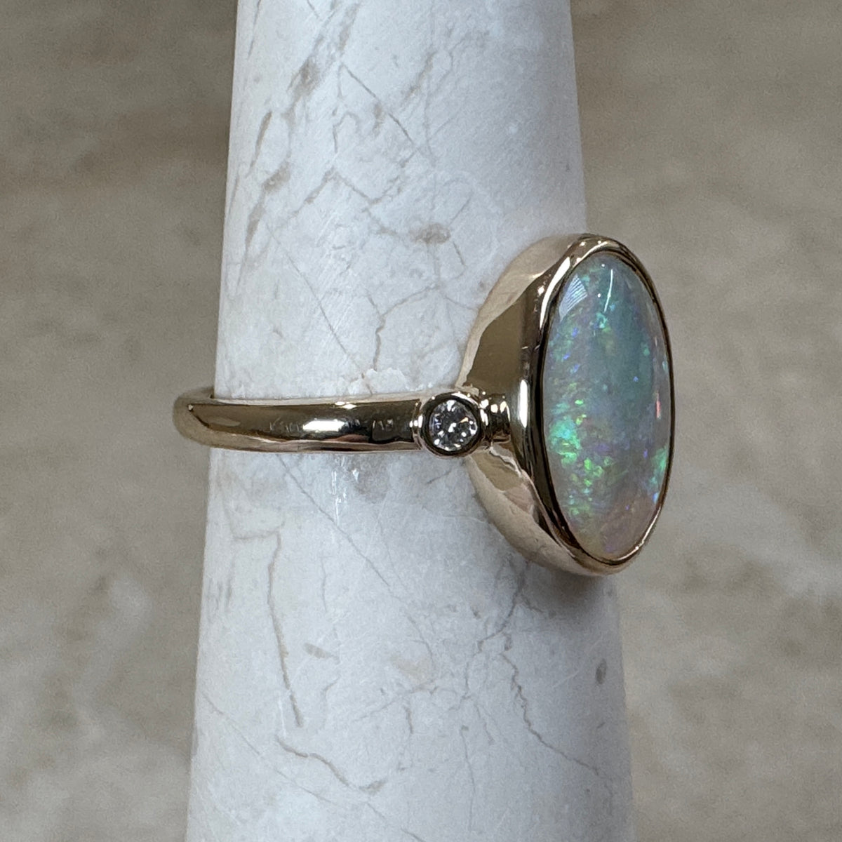 9K Gold Coober Pedy Crystal Opal Bezel Ring with Diamonds