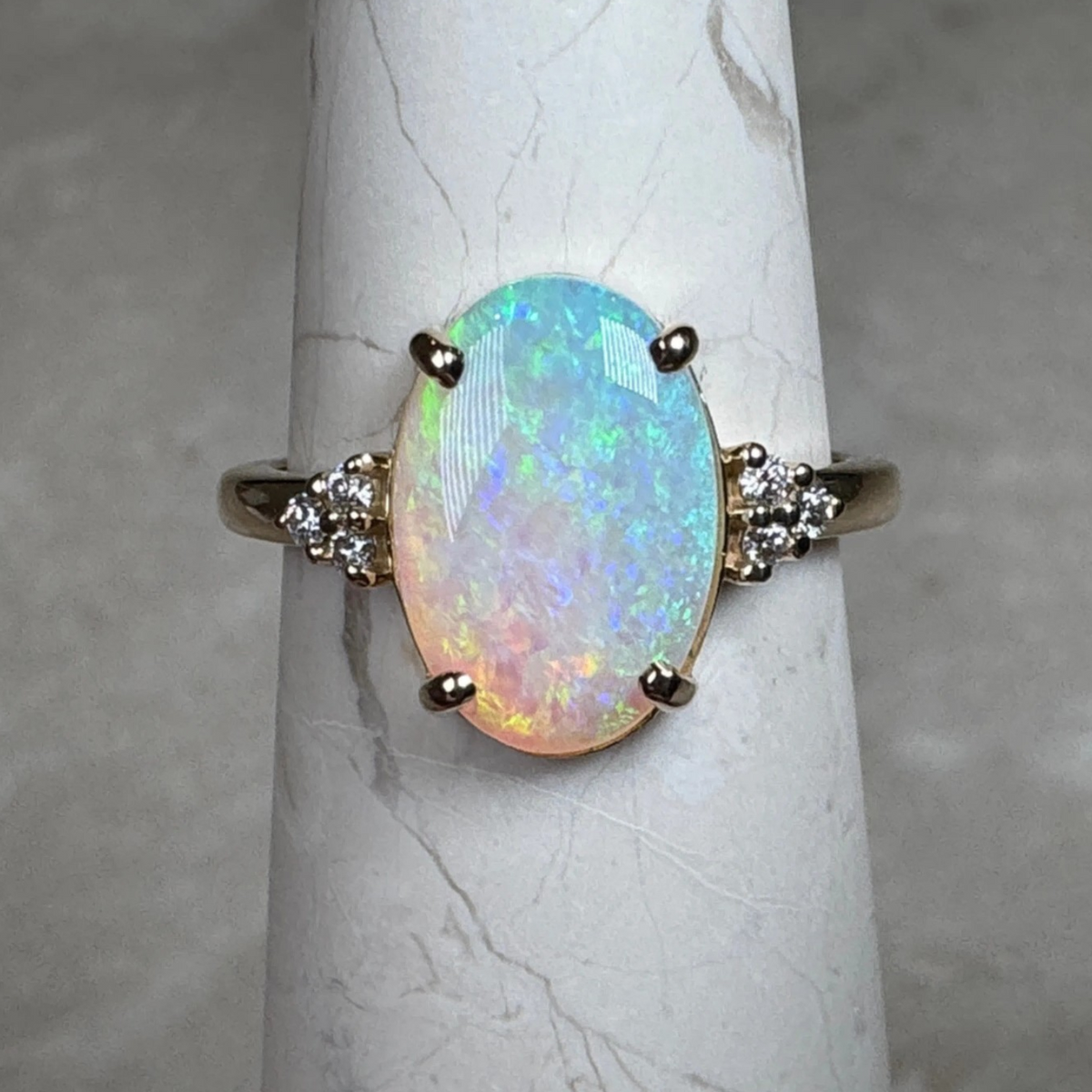 14K Gold Coober Pedy Crystal Opal Ring with Diamonds