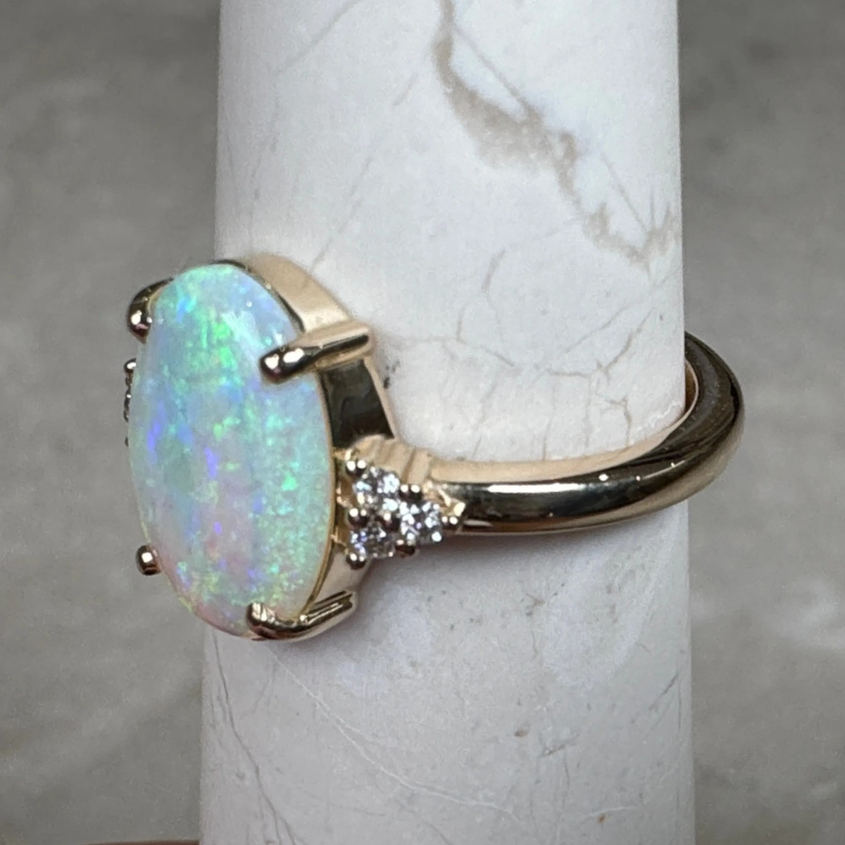 14K Gold Coober Pedy Crystal Opal Ring with Diamonds