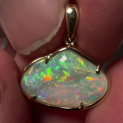 14k Gold Hand Carved Rainbow Mintabie Crystal Opal Pendant