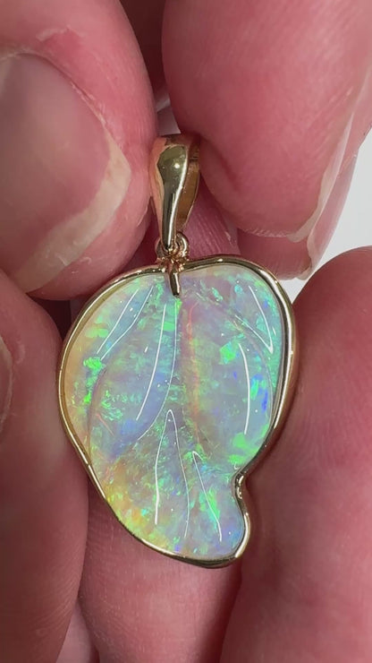 14k Gold Leaf Shaped Carved Opal Pendant