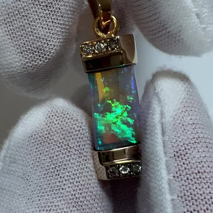 14k Gold Belemnite Blue Green Opal and Diamond Pendant