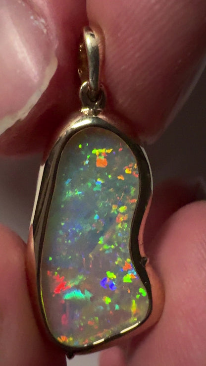 14k Gold Double Sided Hand Carved Rainbow Mintabie Crystal Opal Pendant